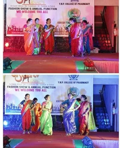 Students performing on stage at the Y.N.P. College of Pharmacy fashion show and annual function
