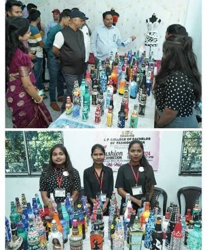 Students presenting hand-painted bottles at a design exhibition