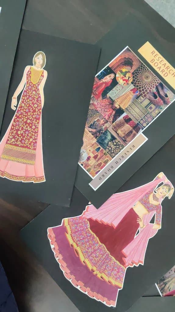 Fashion illustrations of traditional outfits drawn by design students